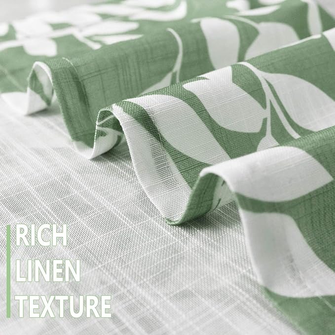 White Green Curtains for Living Room 72" Length Leaf Print Semi-Sheer Curtains for School Bedroom Windows, Grommet Top, 2 Pack