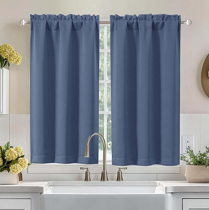 Aiyufeng Denim Blue Short Blackout Curtains for Bedroom 45 Inches Long 2 Panels Set, Solid Thermal Insulated, Energy Saving Window Treatment Curtains Blackout Drapes, W40 x L45 Inch, Denim Blue