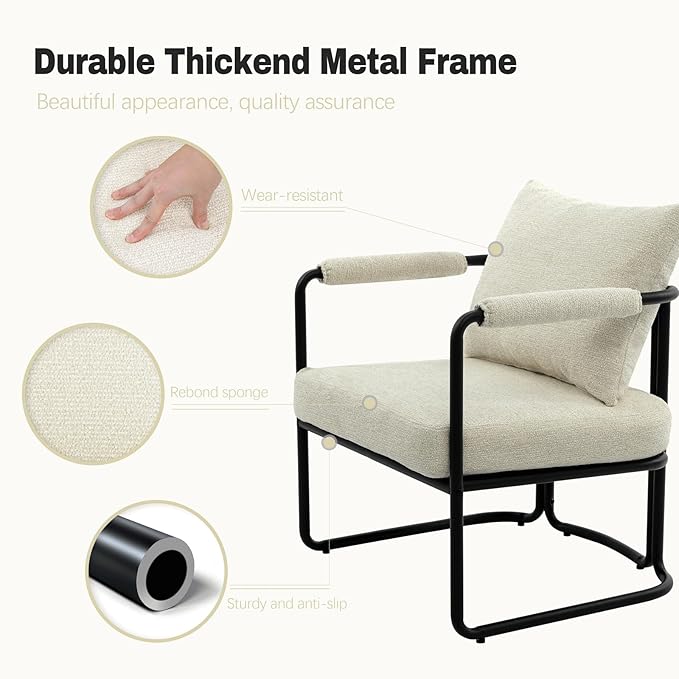 Mid-Century Modern Accent Chair, Comfy Upholstered Lounge Arm Chair with Chenille Fabric for Living Room, Bedroom, Apartment, Reading Corner, Office, Cream Beige