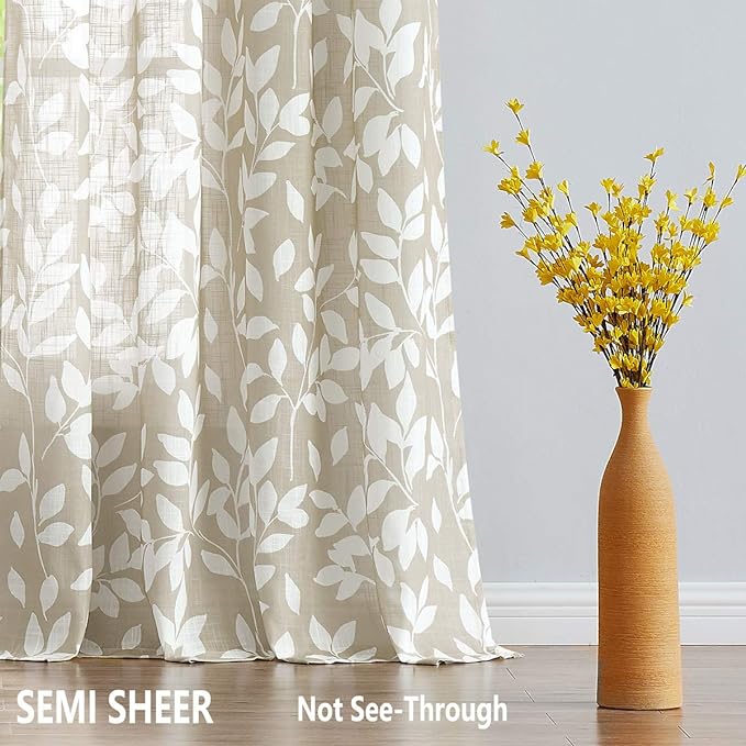 Print Semi Sheer Curtains for Living Room 95-inch Long White Leaf Curtains for Windows 52" Width x 2 Panels, Taupe, Grommet Top