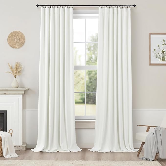 120 Inches Extra Long Curtains for Living Room 2 Panels Faux Linen Darkening Insulated Thermal 100% Blackout Drapery Ceiling Curtain for Large Big Window Treatments Ideas Drapes Off White Ivory 52x120