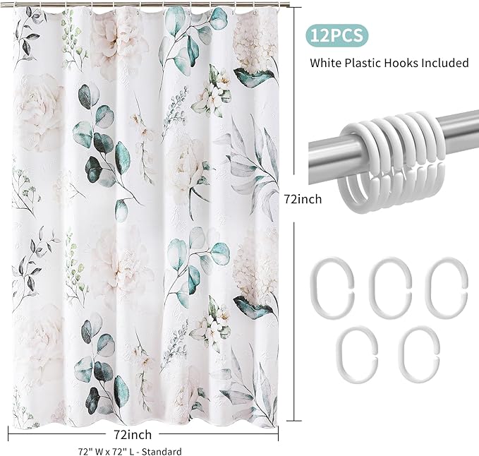 QiyI 72x72 White Floral Shower Curtain, 3D Embossed Butterflies, Waterproof Fabric, Set with Hooks