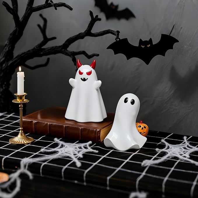 2 pcs Ghost Figurines Halloween Indoor Decoration, White Cute Ghost Halloween Table Decor Tiered Tray Decorations,Funny Devil&Pumpkin Ghost Figurine Resin Statue Centerpieces