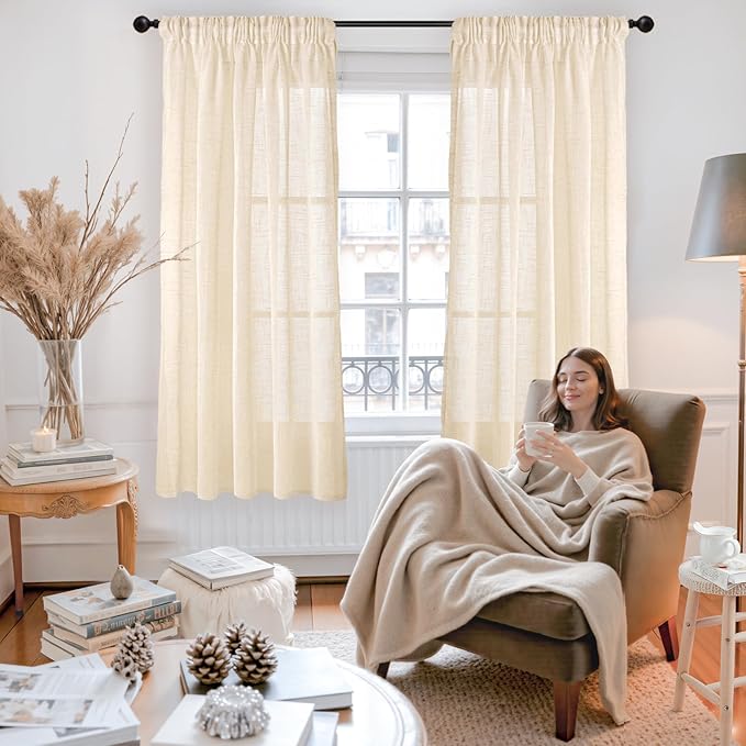 YoungsTex Linen Curtains 63 Inch Length 2 Panels for Living Room, Light Filtering Window Drapes Semi Sheer Textured Rustic with Rod Pocket Back Tab for Bedroom, Champagne, 52 X 63 Inch