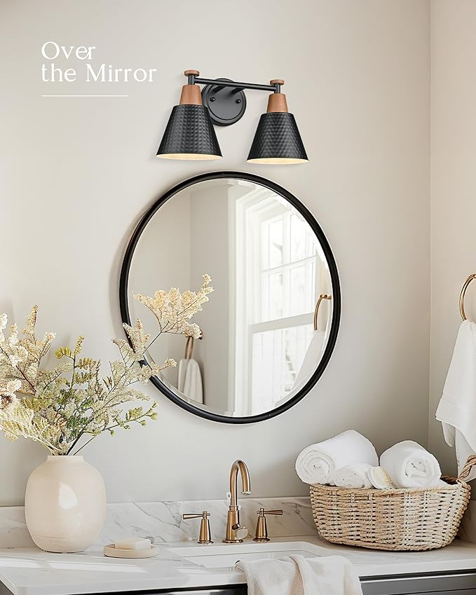 FEMILA Modern 2 Light Bathroom Vanity Lights, Industrial Bathroom Light Fixtures Over Mirror, Black Vanity Lighting Fixtures, Woodgrain Finish, 4FG59B-2W BK-NW
