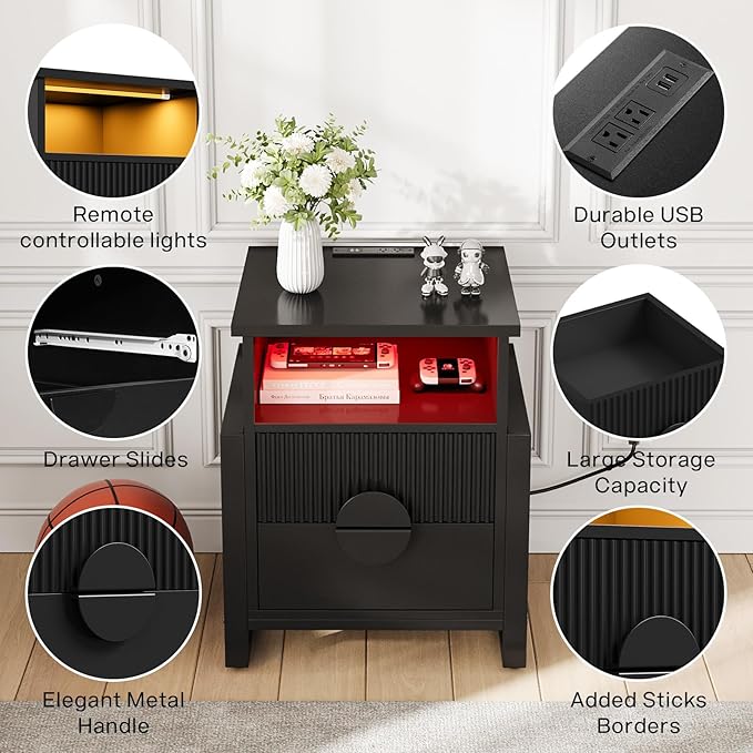 LGHM Set of 2 Large Fluted Nightstand with Charger Station Lights,20.47" W Night Stand with 2 Drawers, Accent Bedside Table and End Table,Semicylinder Drawer Front,Stable Raising Legs,Black