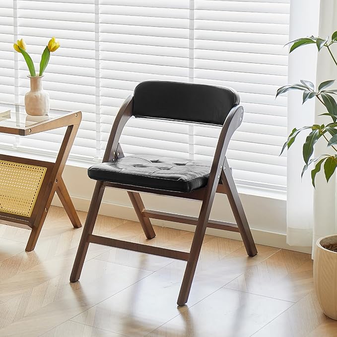 2 Pack Wooden Folding Chair with Padded Seat, Stackable Wooden Foldable Chair, Folding Chairs with Cushion for Guests Kitchen, Bedroom, Office, Wedding, Library, Party, Picnic (Walnut Black)