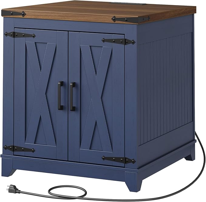Farmhouse Side Table, Large End Table with Charging Station, Bedside Table with Adjustable Shelf and Barn Door, Wooden Nightstand for Living Room, Bedroom, Ink Blue and Walnut