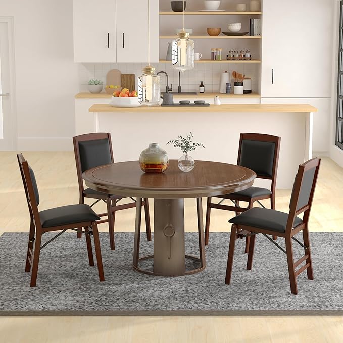 COSTWAY Folding Dining Chairs Set of 4, Wooden Kitchen Side Chairs w/Padded Seat, Solid Wood Frame, 400 LBS Load Bearing, No Assembly Needed, Vintage Foldable Chairs for Dining Room, Living Room