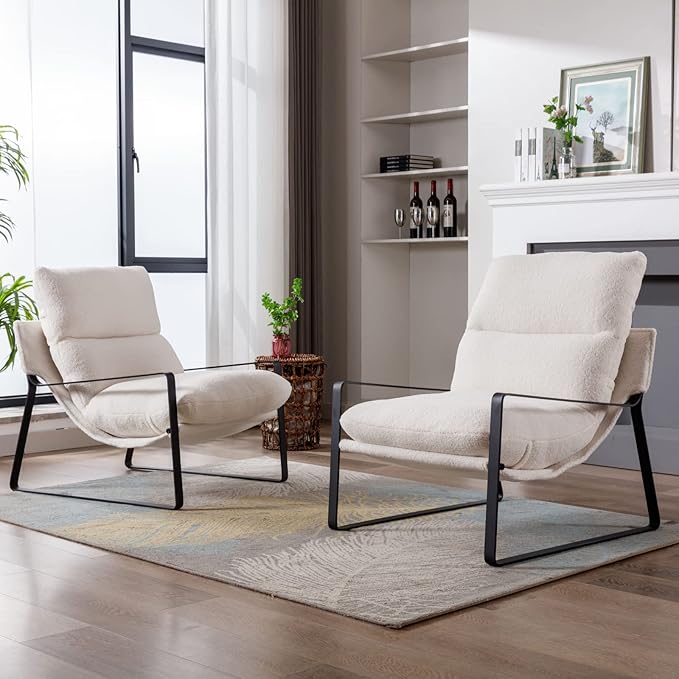 Mid-Century Accent Chair Set of 2, Comfy Sherpa Fabric Side Chair with Armrest, Upholstered Leisure Chair with Black Metal Frame for Living Room Bedroom Reception Room, White