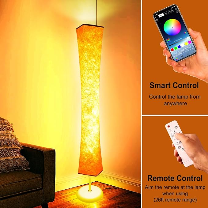 WORLD WIN Floor Lamp, 61'' Smart RGB LED Corner Lamp with Music Sync and 16 Million DIY Colors, 3 Color Temperature, APP & Remote Control, Color Changing Standing Floor Lamp with Stand