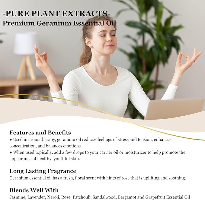 EUQEE Geranium Essential Oil 118 ml Pure Geranium Oil with Dropper for Diffusers, DIY, Skin Care, Massage, Aromatherapy (4 fl oz)