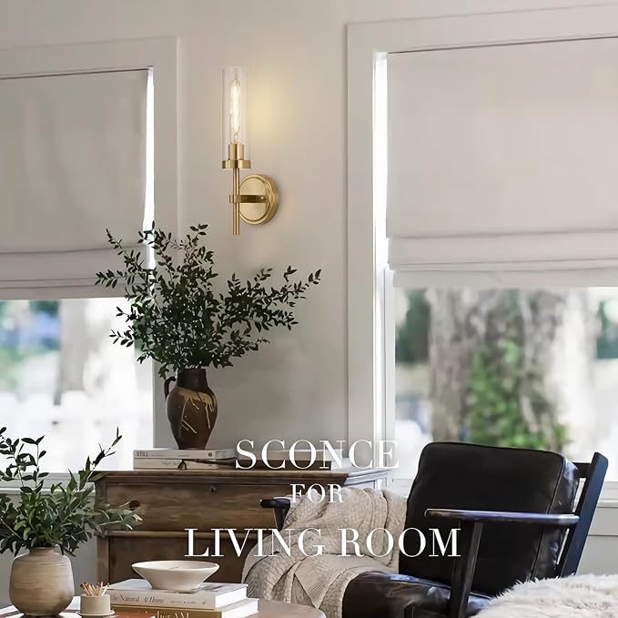 Hardwired Gold Wall Sconces Set of 2, Modern Bathroom Sconces Wall Lighting Vanity Light Fixtures with Clear Glass, Brushed Brass Wall Decor Lights for Mirror Living Room Bedroom Hallway Stairwell