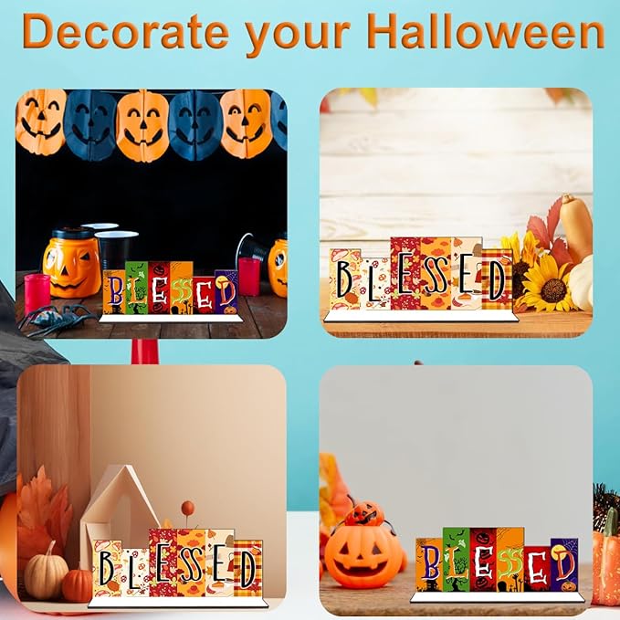 Fall Halloween Office Decor Wooden Table Desk Sign Decorations Reversible Double Side Halloween and Autumn Tabletop Sign Fall Thanksgiving Centerpiece Farmhouse Decor for Home Office Party Desk