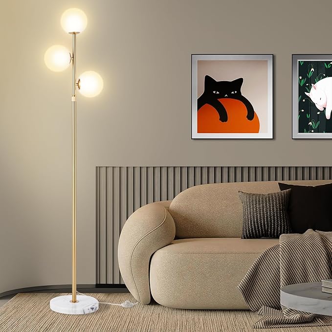 vallerico 3-Globe Mid Century Modern Floor Lamps for Living Room, Adjustable Height Standing Lamp with Marble Base, Gold Tall Lamp with Frosted Glass Shades, Pole Lamps for Bedroom, Bulbs Included