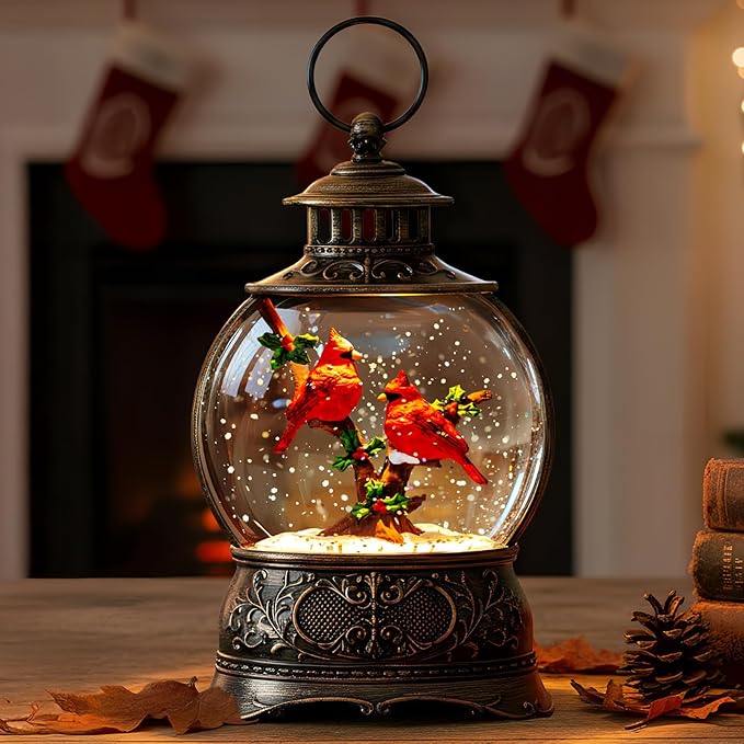 Christmas Snow Globe Lighted Cardinal Holly Scene, Musical Snow Water Lantern Swirling Glittering Home Decoration and Gift, Battery Operated or USB Powered
