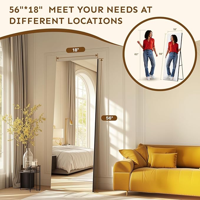 Kosmonia 56x18 Frameless Full Length Silver Coating Mirror w/Distortion Free, HD Reflection &Anti Desilvering, Tempered Glass & Shatter Proof Film Doubling Safety, Easy Setup w/Stand, Wall/Standing