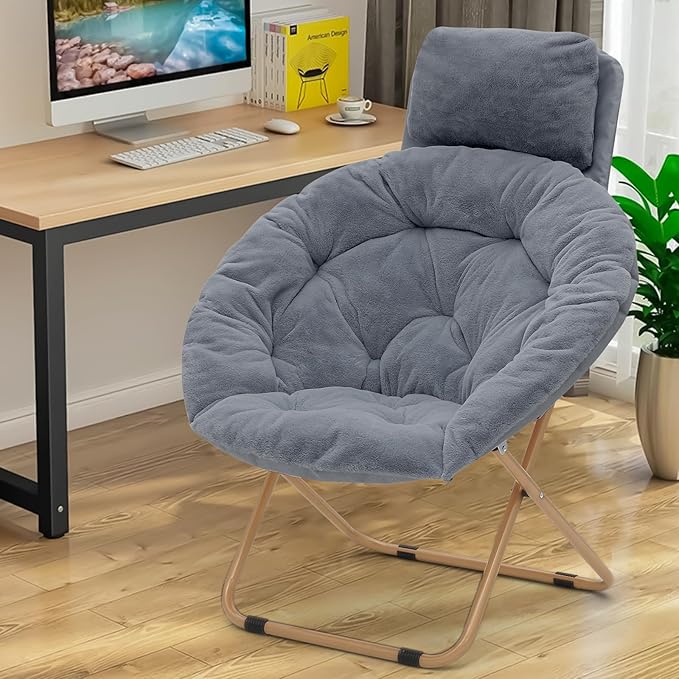 Athena Collection Comfy Saucer Chair with Headrest Oversize Round Cozy Chair Folding Chair Faux Fur Metal Frame Foldable Reading Chair Accent Chair for Bedroom Living Room Set of 2, Grey