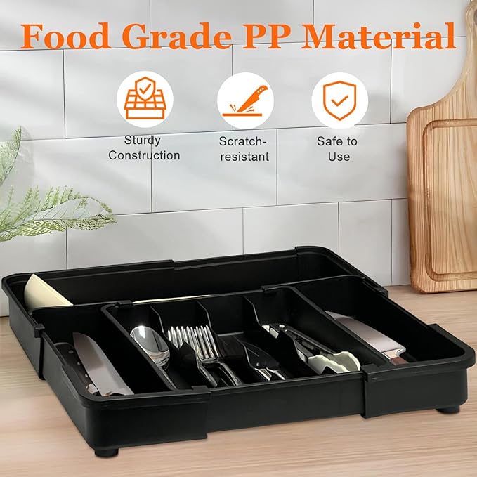 Silverware Organizer - Expandable Kitchen Drawer Organizer, Utensil Drawer Organizer, Adjustable Plastic Flatware and Cutlery Holder, Kitchen Organizers Storage for Forks Knives, Black