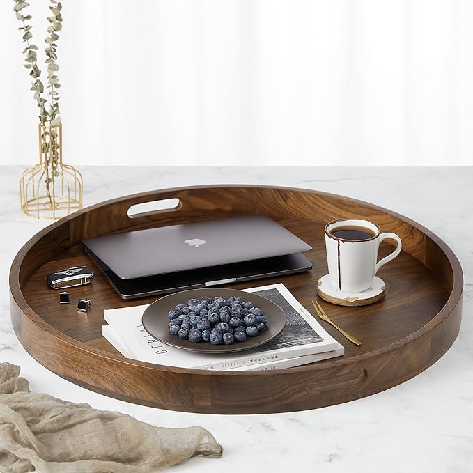 26 x 26 inches Extra Large Round Ottoman Table Tray, Wooden Solid Black Walnut Circle Platter Decorative Serving Tray with Handle for Oversized Ottoman Home Breakfast in Bed Tea Coffee