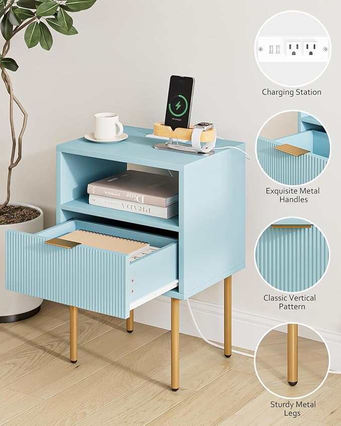 Masupu Nightstand with Charging Station,Mid-Century Modern Bedside Table with Storage Drawer and Open Wood Shelf,Small Gold Frame Side Table for Bedroom,Living Room (Blue)