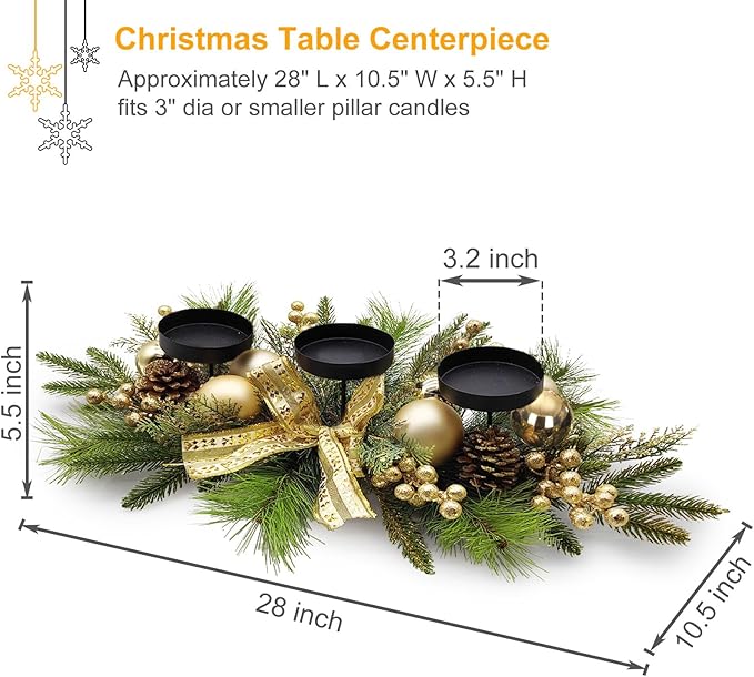 Christmas Table Centerpieces Decorations, 27.5 Inch Designed with Golden Bowknot Baubles Ornaments, Artificial Golden Berries and Pine Cones for Dining Room Table (Gold Ball)
