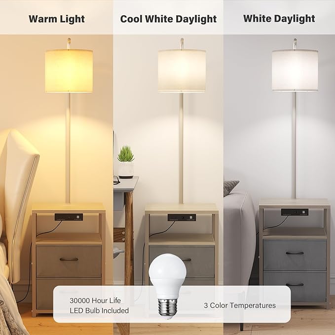 SUNMORY Floor Lamp with Table & 2 Drawers, Lamp with USB Port and Outlet, Lamps for Nightstand with 3 Color Temperature Led Bulb Included, Floor Lamps for Living Room, Bedroom and Home Office, Grey