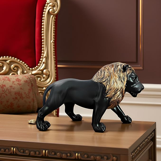 12" Collectible Black Gold Lion Statue, Desk Decor, Room Decor, Home Decor, Modern Art Sculpture, Handmade Resin Animal Statue, Gift for Women,Brother,Friend