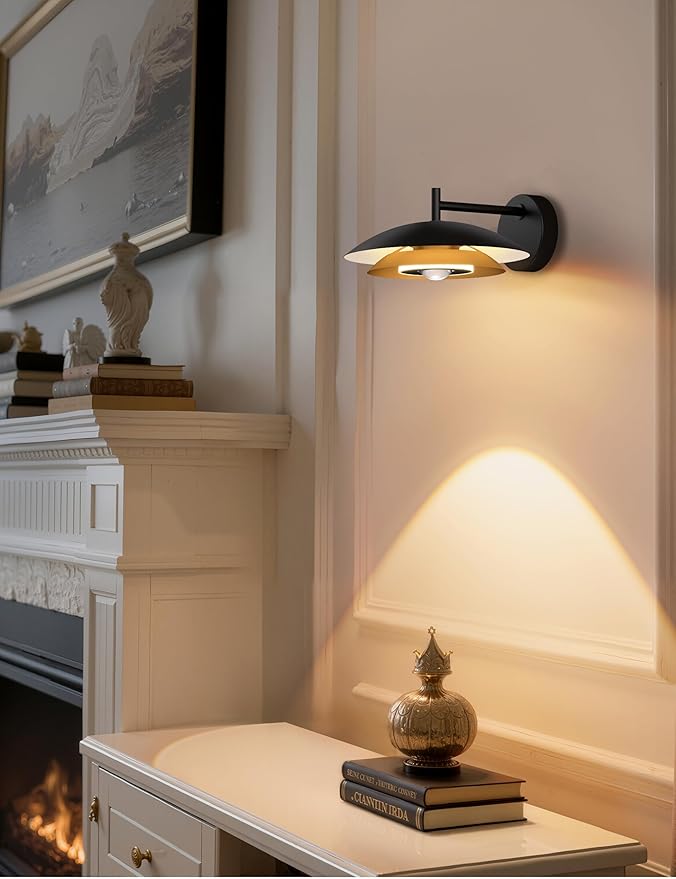 Tubicen Dual-Shade LED Wall Sconce Black and Gold Round Dimmable Sconces Wall Lighting Dual-Lighting 12W Modern Industrial LED Wall Lights for Living Room Bedroom Hardwired