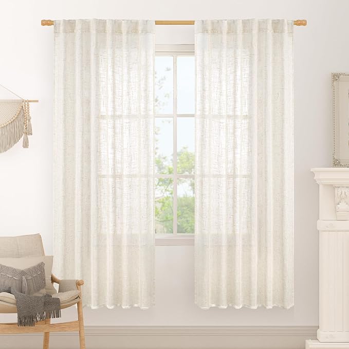 LAMIT Cream Linen Boho Curtains, 78 inch Length, 2 Panels, Light Filtering Semi Sheer, Back Tab and Rod Pocket, Neutral Panels for Bedroom/Living Room, 52 x 78 Inch