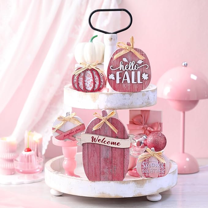 5 Pcs Fall Pink Pumpkin Decor for Home Thanksgiving Wooden Table Centerpiece Decorations Fall Wooden Pumpkin Signs for Autumn Farmhouse Home Living Room Kitchen Mantle Tabletop Supplies