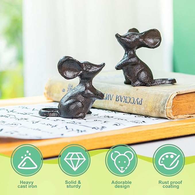Sungmor Cast Iron Little Cute Mouse Ornament - Decorative & Lovely Figurine Indoor Outdoor Statues - Interesting Animal Sculpture Home Decoration - 2PC Pack & Brown Color