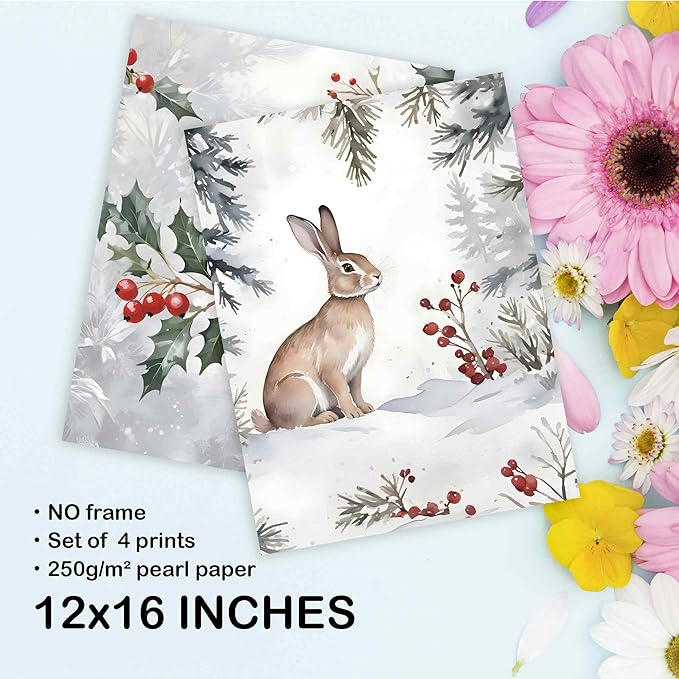 TLESKE Winter Christmas Woodland Animals Posters Prints Unframed Set of 4 for Home Bedroom Living Room Nursery, Snowy Forest Jungle Wall Art Prints Decor, Hare Rabbit Bunny Fox Birds Cardinal Wall Pictures, 12x16