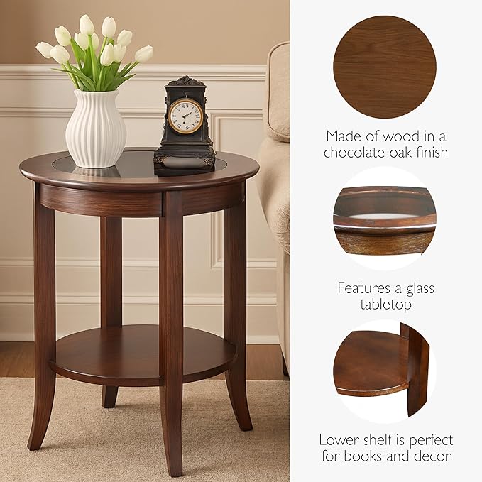 Leick Home 10036 Round Glass Top Side Table with Shelf, Chocolate Cherry and Tinted Glass