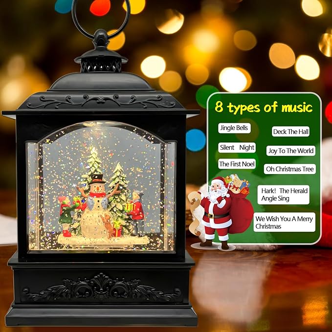 Christmas Snow Globes Lantern with Music & Timer - USB/Battery Operated LED Glittering Globe Lantern, Snow Globe Decoration for Home Holiday Decor (Snowman)