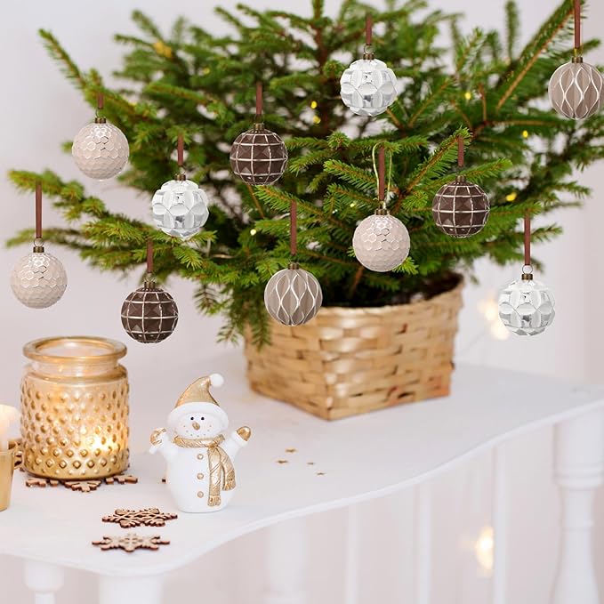 Syhood 12 Pcs Neutral Textured Christmas Ball Ornaments 2.4 Inch Vintage Xmas Tree Decorations Rustic Distressed Xmas Baubles Antique Farmhouse Modern Christmas Decor for Tree Home (Earth Tones)