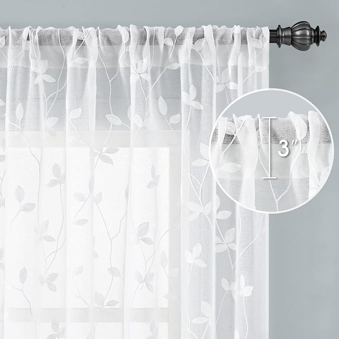 HOMEIDEAS White Sheer Curtains 52 X 96 Inches Length 2 Panels Embroidered Vine Floral Pattern Pocket Faux Linen Semi Sheer Voile Window Drapes for Bedroom Living Room