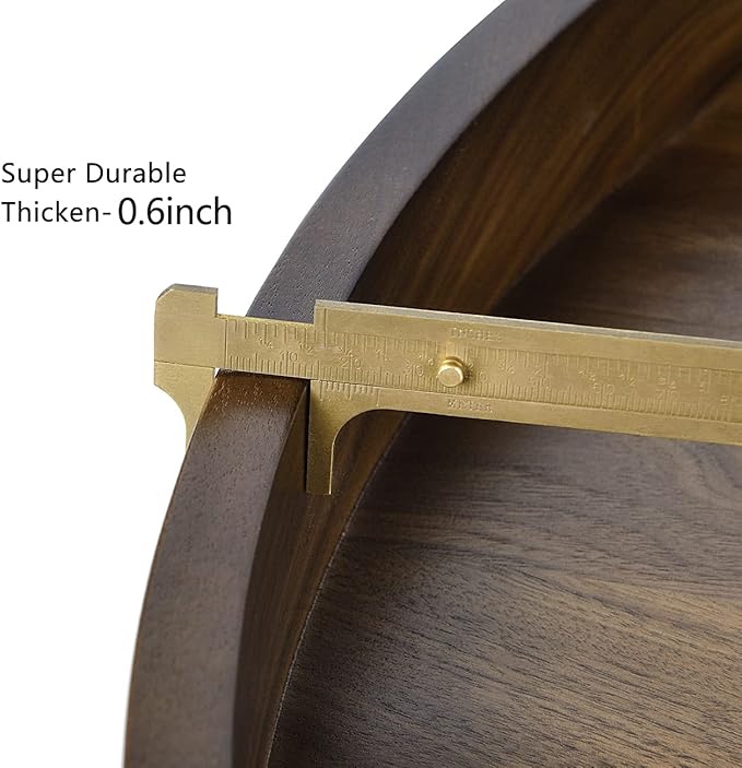 24 x 24 Inches Black Walnut Large Round Ottoman Tray, Solid Wooden Circle Platter Decorative Table Serving Tray with Handles for Oversized Ottoman Home Breakfast in Bed Tea Coffee