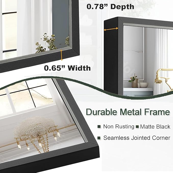 Bathroom Mirror, 30x48 Inch, Black Frame, Rectangle, Wall Mounted, Metal Framed Vanity Mirror, Modern, Hangs Horizontal Or Vertical