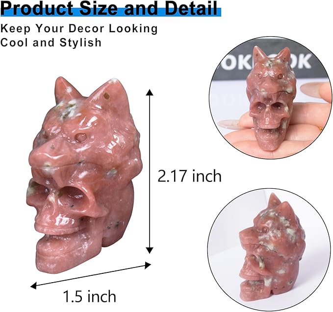 2.17 Inch Crystal Skull with Wolf Head Figurine Decor, Plum Blossom Jasper Skull with Wolf Head Statue Decor for Home Office Desk, Hand Carved Healing Crystal Animal Statues Gifts for Women Men