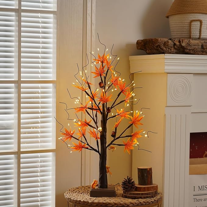 24” 72 LED Fall Decorations for Home, Birch Tree Lighted Fall Maple Leaves Artificial Tree LEDs Autumn and 3 Squirrel,Acorn Ornaments USB/3AA Battery Timer for Gifts Thanksgiving Indoor