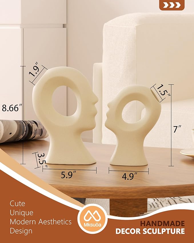 Couple Decorative Statues Set - Boho Style Modern Abstract Sculptures Home Decor, Ceramic Figurines for Living Room Coffee Table, Tv Stand, Mantles, Entryway, Console or Wedding Gifts (Beige White)