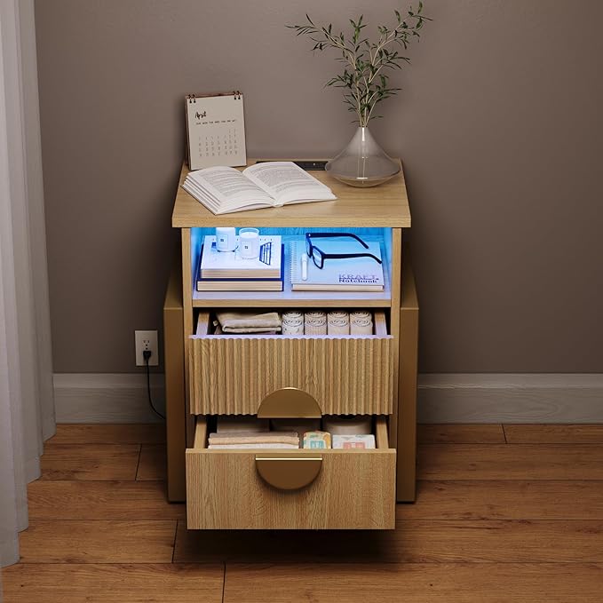 LGHM Set of 2 Large Fluted Nightstand with Charger Station Lights,20.47" W Night Stand with 2 Drawers, Accent Bedside Table and End Table,Semicylinder Drawer Front,Stable Raising Legs,Natural Oak
