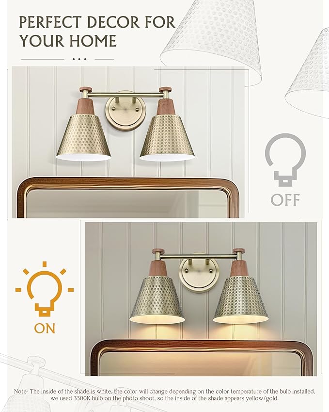 FEMILA 2 Light Bathroom Vanity Light Fixtures Over Mirror, Modern Brass Gold Bathroom Lighting Fixtures with Metal Shades, Woodgrain Finish, 4FG59B-2W BG-NW