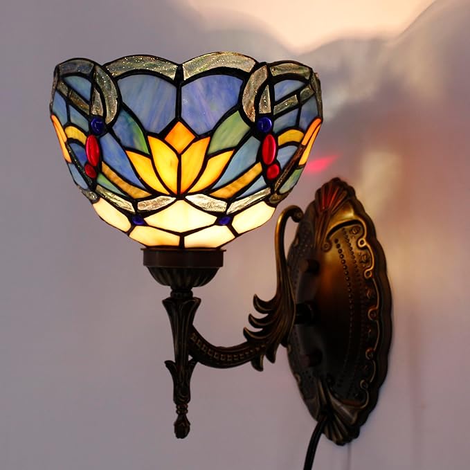 Tiffany Wall Sconce Lamp Blue Stained Glass Flower Style 8X10.5X11 Inch Plug in Wall Bedside Light for Hallway Bedroom (Blue Lotus Style)