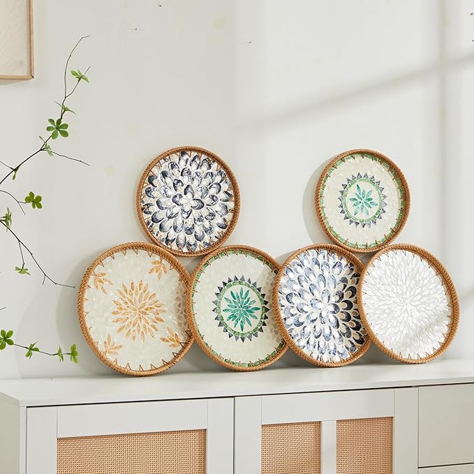 Shellac Rattan Tray with Mother of Pearl Inlay, Round Decorative Serving Tray for Home Décor Coffee Table Storage and Display, 100% Natural Materials - Orange 13.5"