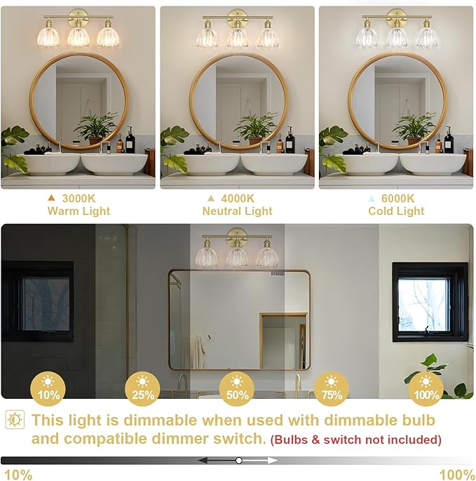 Vintage Bathroom Light Fixtures,3-Light Hardwired Vanity Lights Over Mirror,Gold Wall Sconces with Clear Tulip Glass Shade for Bathroom Living Room,E26 Socket(Bulbs Not Included)
