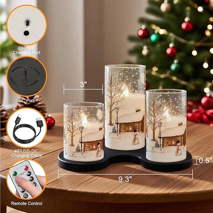 DRomance Snowman Glass Flameless Candles Rechargeable Battery Operated with Remote and Timer Real Wax LED Flickering Pillar Candles White Cold Light Window Christmas Holiday Decor D3 x 4",5",6"