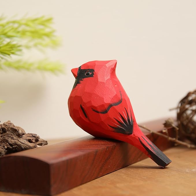Handcrafted Red Cardinal Figurine – Small Wooden Christmas Red Bird Statue Decor for Shelf, Desk, or Mantel – Eco-Friendly for Women & Collectors