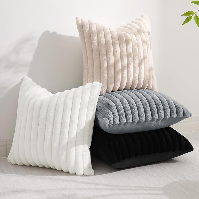 decorUhome Faux Fur Christmas Throw Pillow Covers 16x16 Set of 2, Decorative Soft Plush Striped Neutral Couch Euro Pillow Covers with Velvet Back for Sofa, Bed, Living Room Home Decor, White
